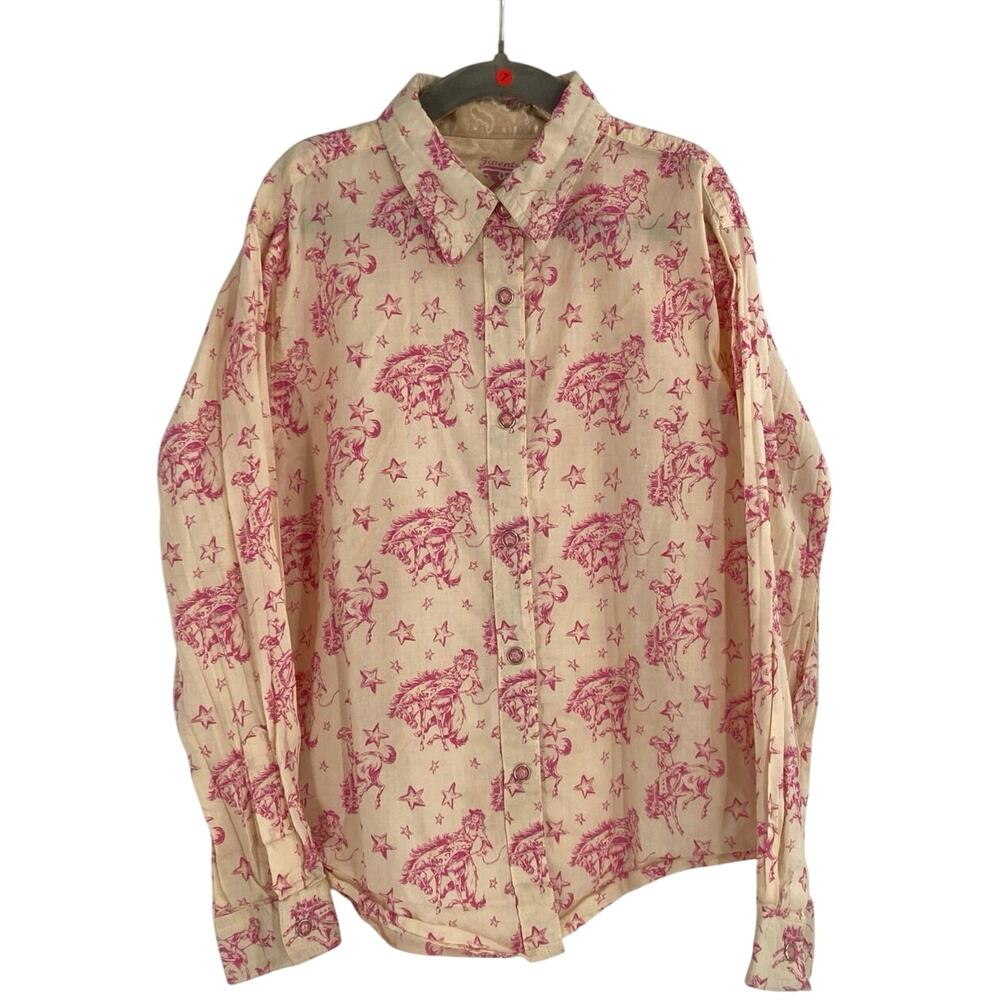 Twenty X Western Bucking Bronco Star Print Pink Cream Pearl Snap Girls 10 Rodeo
